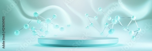 Smooth round podium in pastel mint color with floating molecular structures