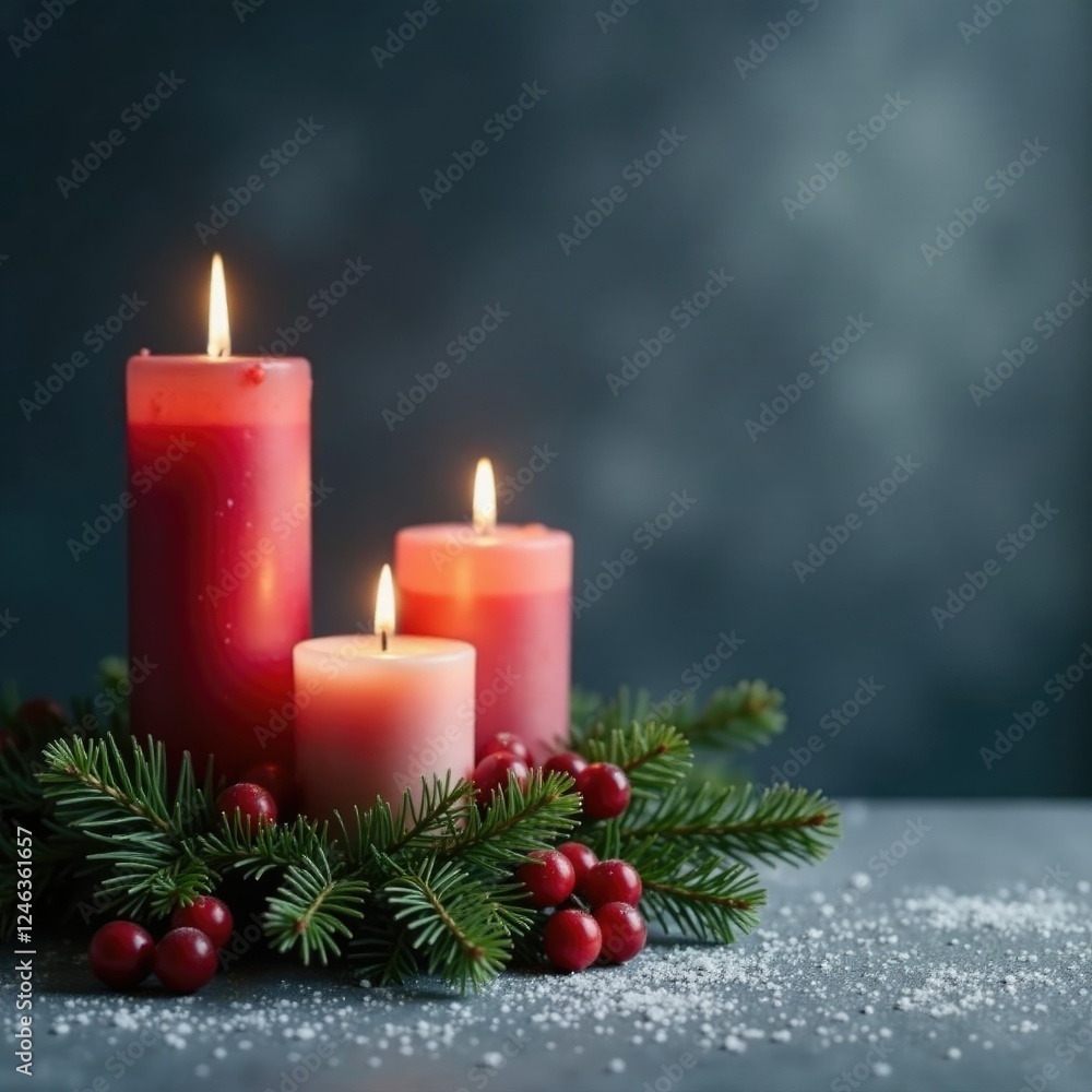 Dark grey background with four candles and fir garland, cozy winter scene, frosty atmosphere Dark grey background with four candles and fir garland, cozy winter scene, frosty atmosphere