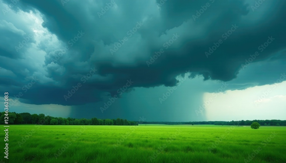 Dark clouds gather over a lush green field with strong gusts and heavy rainfall, farm, stormy sky, thunder Dark clouds gather over a lush green field with strong gusts and heavy rainfall, farm, stormy sky, thunder