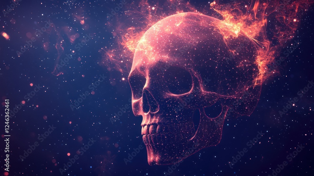 Fiery skull in space, particles and flames. Fiery skull in space, particles and flames.