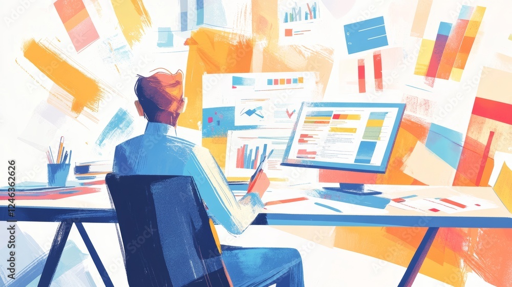 Fototapeta premium Paid media or pay per click advertising, marketing campaign pay for online ads for users to visit website concept, businessman marketer push money coin to website. Flat Cartoon Vector Illustration