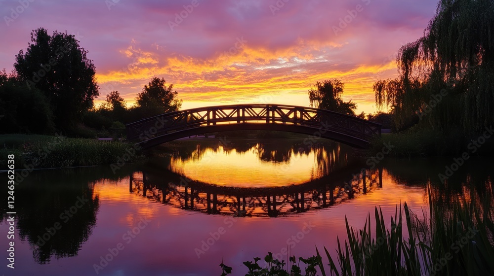 Obraz premium A serene sunset over a bridge reflected in a calm pond, surrounded by lush greenery.