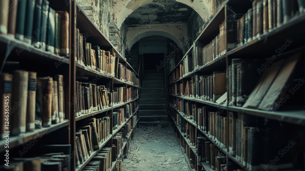 Abandoned Library with Dusty Books and Staircase in Dim Light Abandoned Library with Dusty Books and Staircase in Dim Light