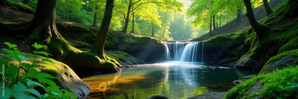 A tranquil forest scene with sunlight casting dappled shadows on forest floor near a gentle waterfall and pond, dappled light, calm, pond A tranquil forest scene with sunlight casting dappled shadows on forest floor near a gentle waterfall and pond, dappled light, calm, pond