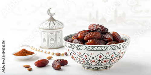 Traditional Bowl of Dates on White Background, Symbolizing Ifta