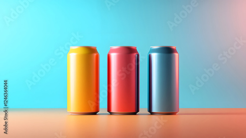 Set of colorful, cool soda cans arranged in neat row with reflections the aluminum surface, captured in studio with soft lighting against soothing gradient background