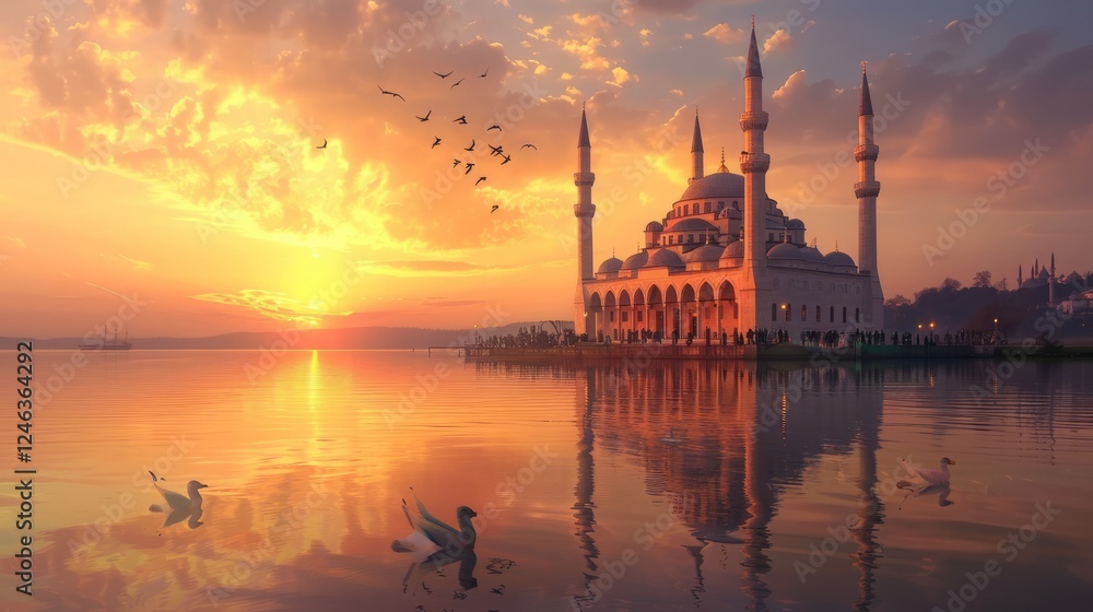 Fototapeta premium Serene Mosque Reflections at Sunset