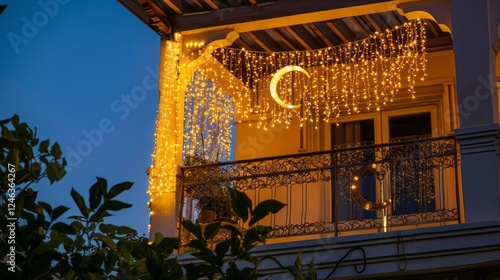 Ramadan Balcony with Festive Lights and Crescent Moon