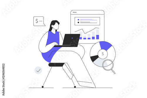 Virtual finance. Character Woman working with data charts and calculating money, making market research. Flat Cartoon Vector Illustration, icon. Stylish abstract 