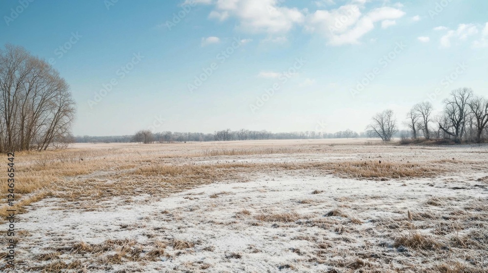 Winter Landscape with Snowy Field and Trees under Blue Sky Winter Landscape with Snowy Field and Trees under Blue Sky