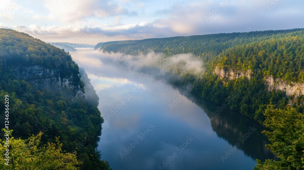 Fototapeta premium Serene River Landscape Surrounded by Misty Forests and Cliffs