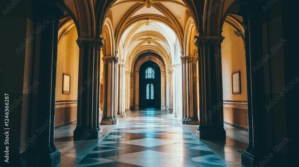 Fototapeta premium Elegant Arched Hallway with Soft Lighting and Marble Floor Details