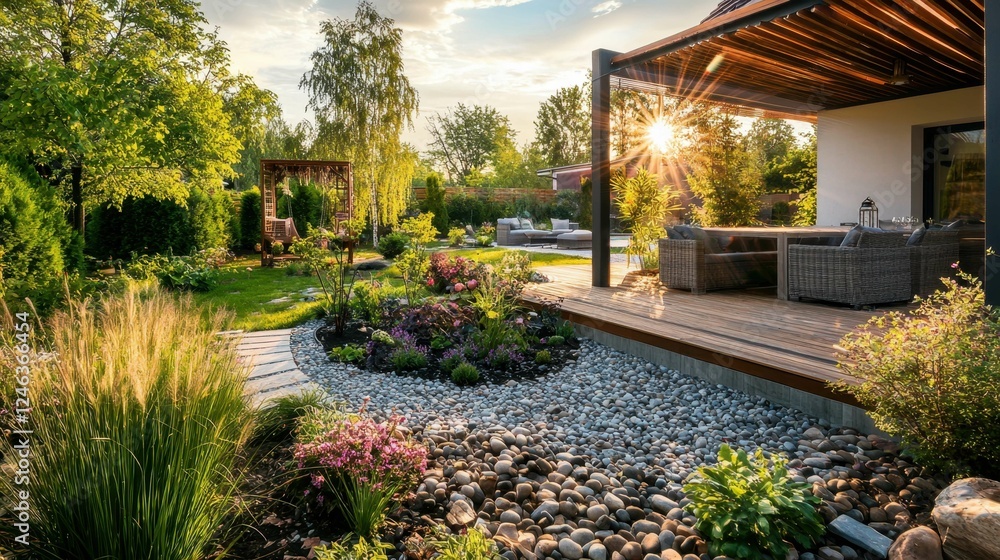 Beautiful Cozy Garden with Greenery, Flowers and Wooden Deck Beautiful Cozy Garden with Greenery, Flowers and Wooden Deck