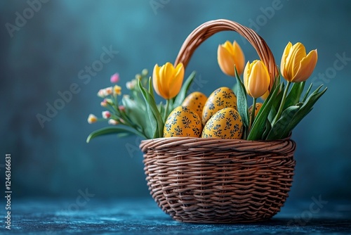 Easter eggs in a mini basket with tulips on a blue background, a banner for web design or print poster template photo