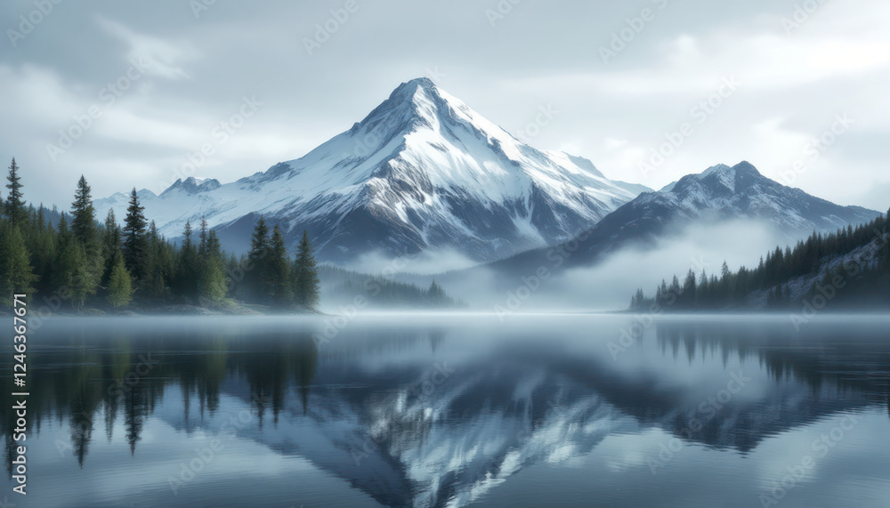 Majestic Mountain Reflection in Misty Lake Majestic Mountain Reflection in Misty Lake