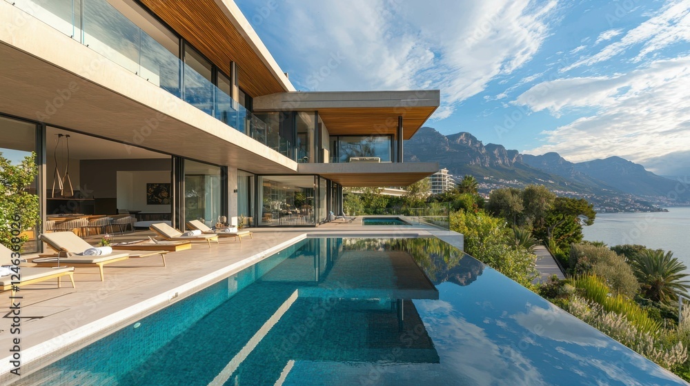 Fototapeta premium Modern Luxury Villa with Infinity Pool Overlooking Scenic Landscape