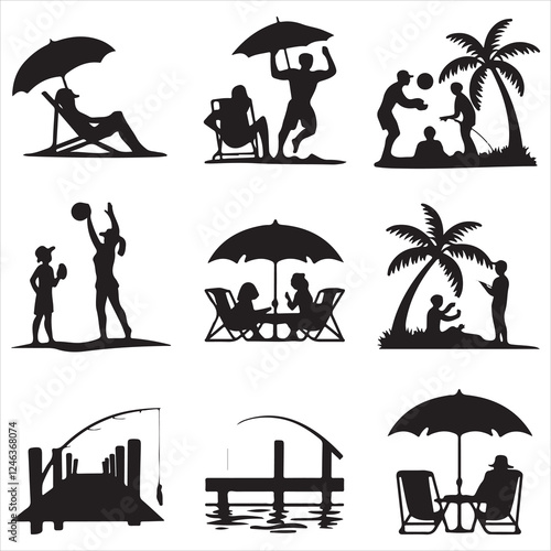 set of vector various summer beach silhouettes