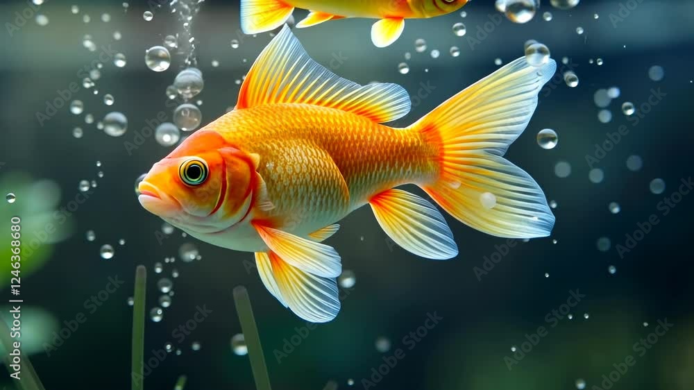 Goldfish swimming in a clear blue water with bubbles and plants creating a natural and serene atmosphere ideal for relaxation Goldfish swimming in a clear blue water with bubbles and plants creating a natural and serene atmosphere ideal for relaxation