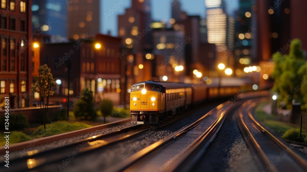 Model train navigating through a miniature city at dusk, with glowing light and urban scenery Model train navigating through a miniature city at dusk, with glowing light and urban scenery