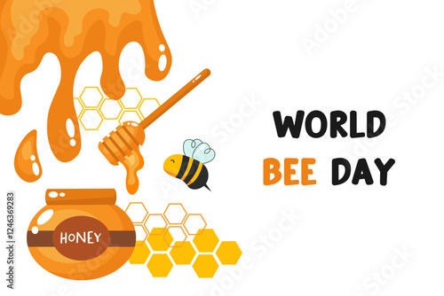 Happy World Bee Day. Cute cartoon bees and honeycombs. cute cartoon bees. Vector illustration. Honey in the bowl with honey dipper