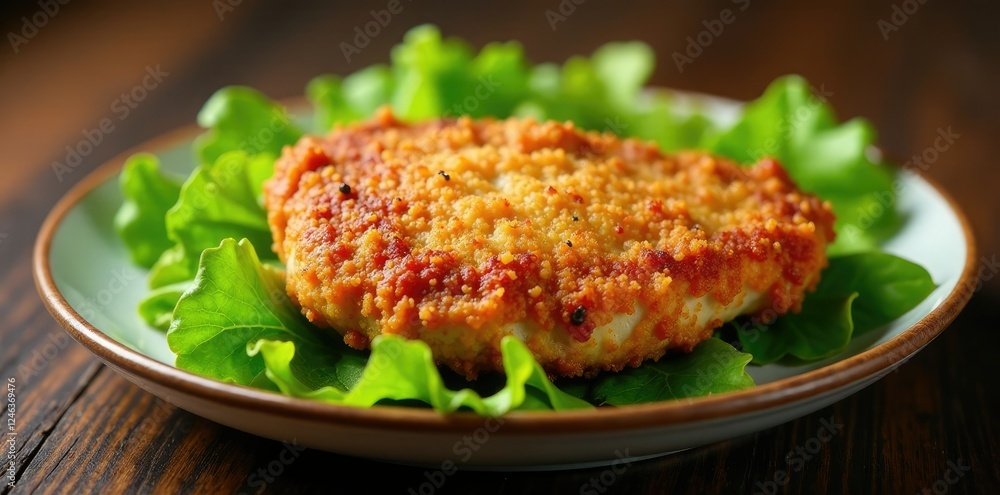 Sizzling hot fried chicken chop served on a bed of leafy greens, plate, fried, hot Sizzling hot fried chicken chop served on a bed of leafy greens, plate, fried, hot