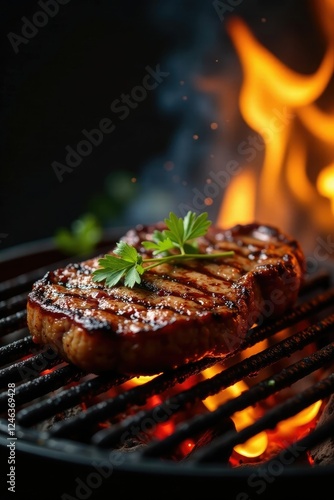 Sizzling steak on the grill with chimichurri sauce, wood, flame, grilled steak