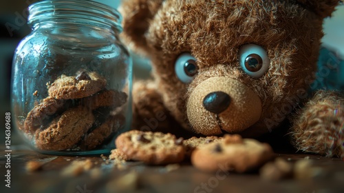 Cute teddy bear curiously inspecting a jar of homemade cookies