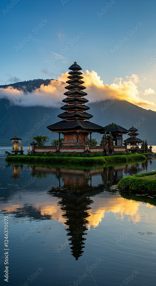 Serene Sunrise at a Traditional Temple by the Lake Serene Sunrise at a Traditional Temple by the Lake