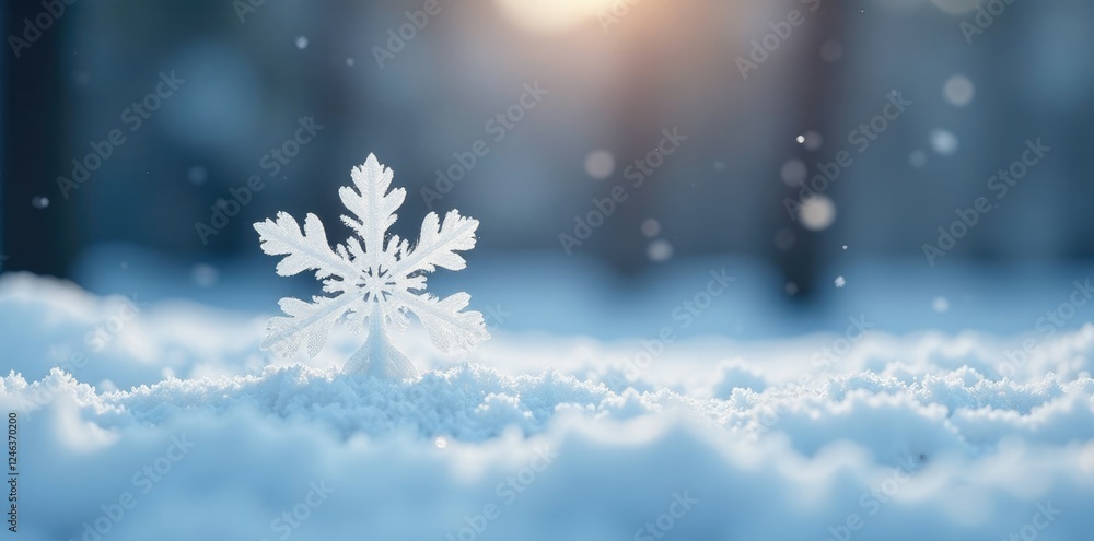 Single large snowflake falls slowly on snowy white ground, white, winter, soft Single large snowflake falls slowly on snowy white ground, white, winter, soft