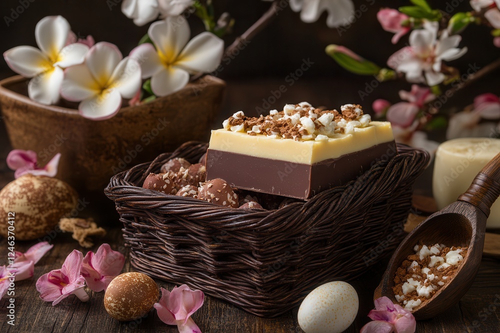 A chocolate bar rests in a decorative basket surrounded by vibrant flowers and colorful eggs, creating a festive and inviting scene. A chocolate bar rests in a decorative basket surrounded by vibrant flowers and colorful eggs, creating a festive and inviting scene.