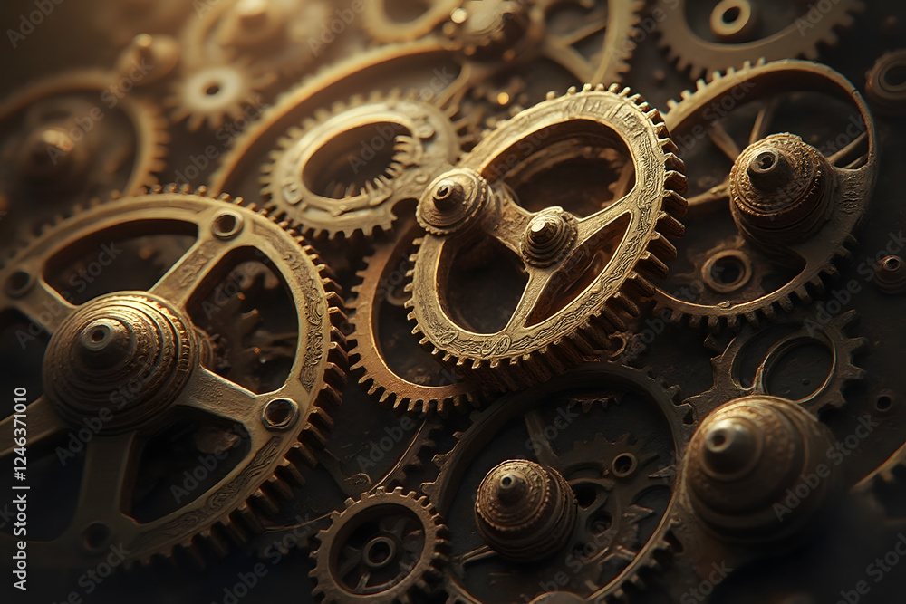 Digital painting of detailed steampunk-style gear wheels in motion with warm ambient lighting and atmospheric depth Digital painting of detailed steampunk-style gear wheels in motion with warm ambient lighting and atmospheric depth