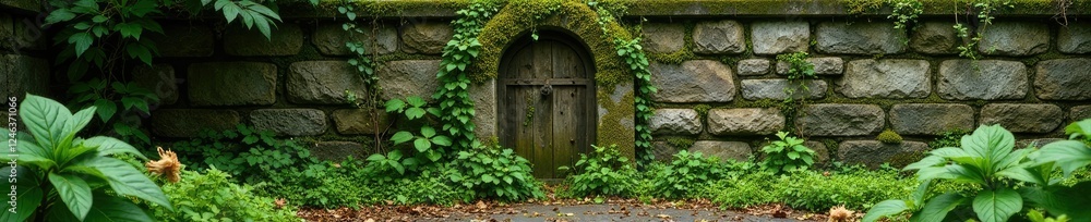 Moss-covered stone walls with ivy vines and dead flowers, ivy, moss Moss-covered stone walls with ivy vines and dead flowers, ivy, moss