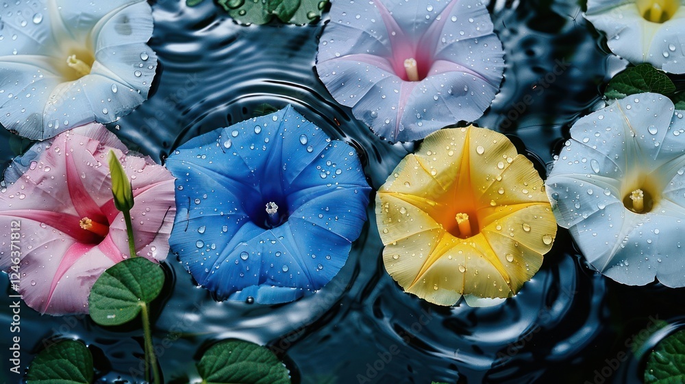 Vibrant water lilies in various colors floating on a serene pond with raindrops glistening Vibrant water lilies in various colors floating on a serene pond with raindrops glistening
