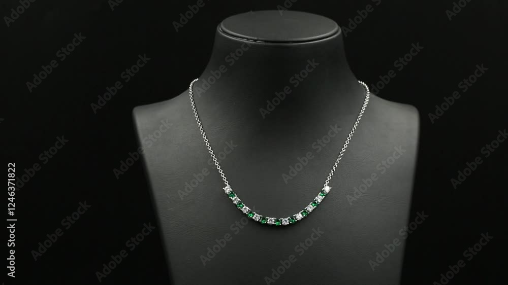 A stunning double-layered diamond necklace displayed on a sleek black jewelry bust, exuding elegance and sophistication. This high-quality 4K close-up video captures the intricate details. A stunning double-layered diamond necklace displayed on a sleek black jewelry bust, exuding elegance and sophistication. This high-quality 4K close-up video captures the intricate details.