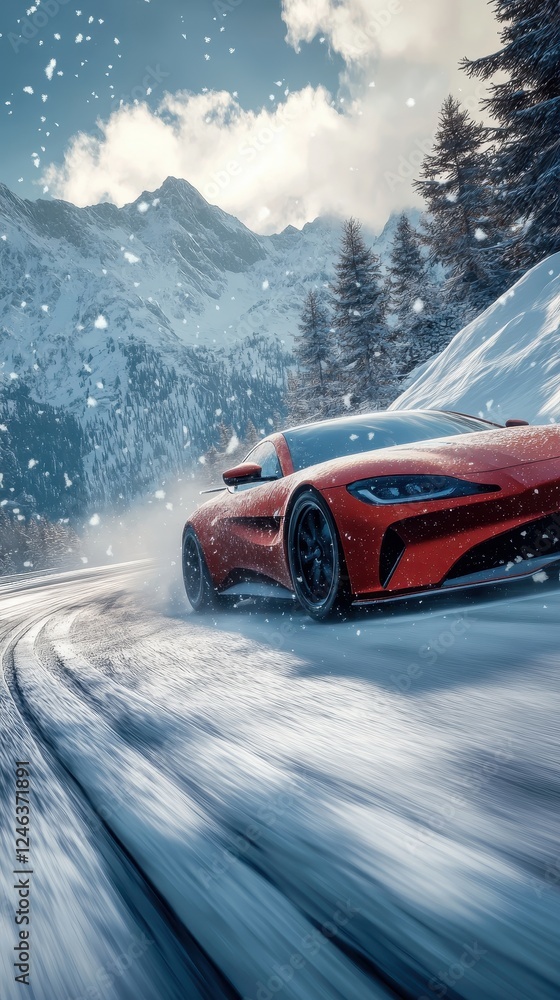 Naklejka premium Red sports car driving through snowy mountain road with phone background