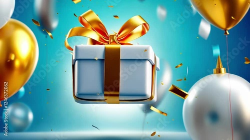 Vibrant celebration with floating gift box and colorful balloons in festive confetti explosion