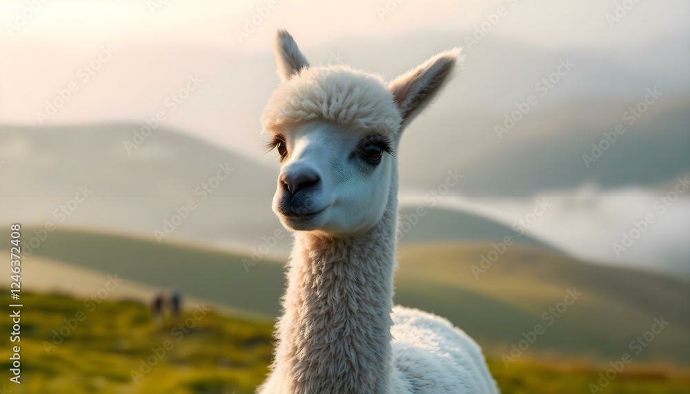 Fototapeta premium a white llama standing on top of a lush green hillside