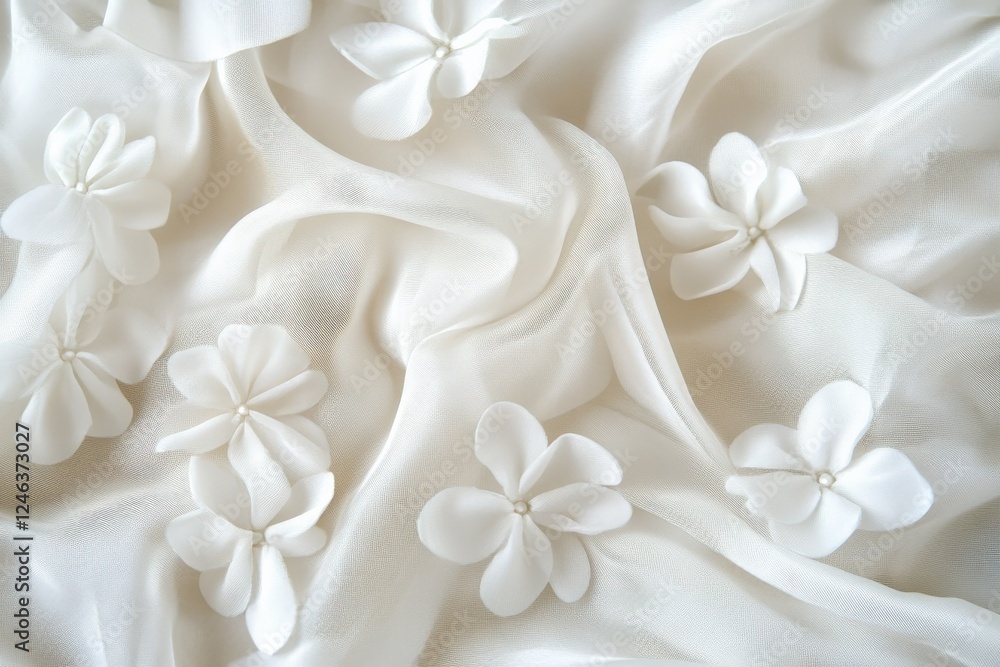 Luxurious white satin fabric gently draped with soft natural folds and delicate floral embellishments for elegant textile backgrounds and designs Luxurious white satin fabric gently draped with soft natural folds and delicate floral embellishments for elegant textile backgrounds and designs