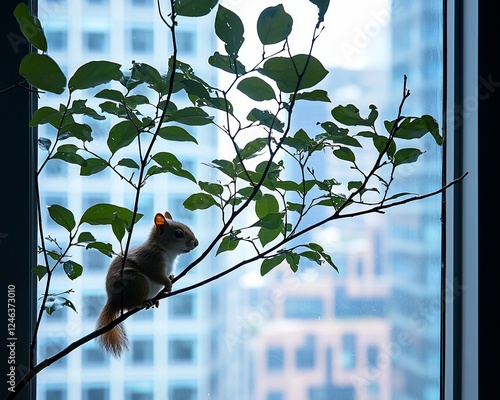 Squirrel on branch, city view, window, pet, nature, urban wildlife, home, peaceful