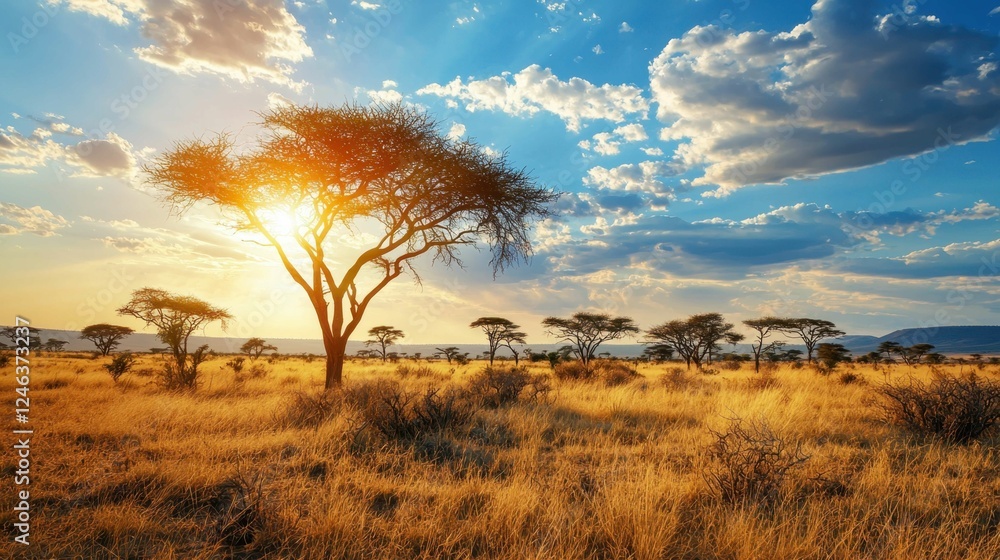 Majestic Sunrise Over Serengeti Plains with Acacia Trees and Clouds Majestic Sunrise Over Serengeti Plains with Acacia Trees and Clouds