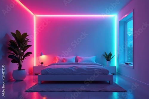Minimalist bedroom with glowing neon lights on the ceiling, ambient, space-age