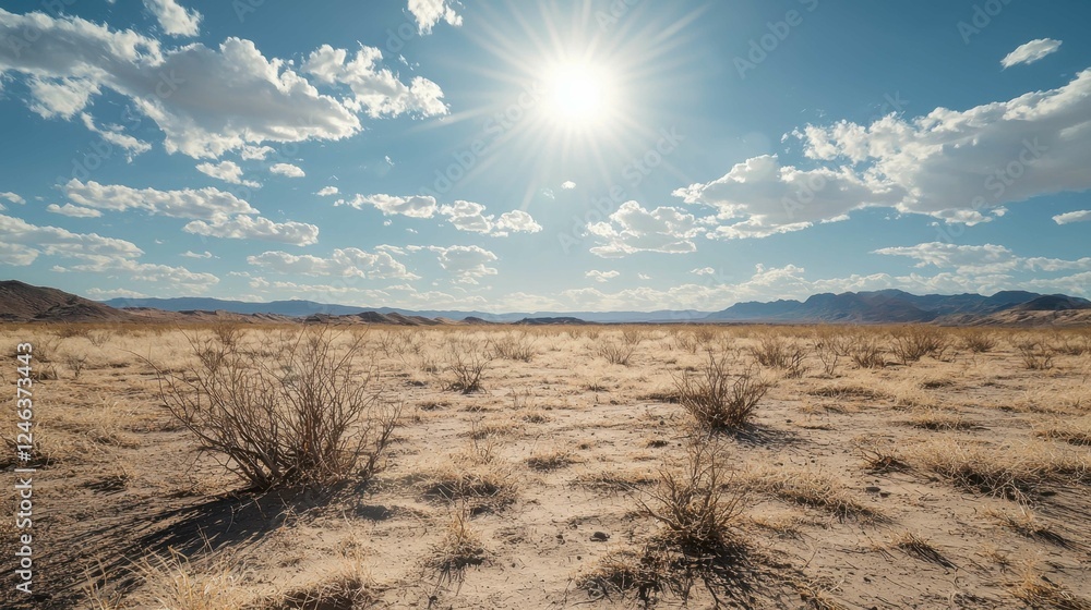 Vast Desert Landscape Under Bright Blue Sky with Fluffy Clouds Vast Desert Landscape Under Bright Blue Sky with Fluffy Clouds