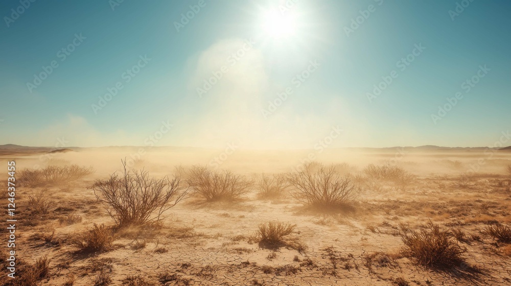 Dusty Landscape Under Bright Sunlight in Arid Desert Environment Dusty Landscape Under Bright Sunlight in Arid Desert Environment