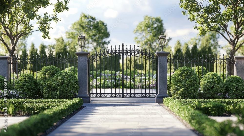 Elegant Garden Gate with Lush Greenery and Beautiful Pathway Elegant Garden Gate with Lush Greenery and Beautiful Pathway