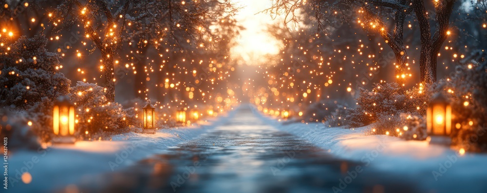 Fototapeta premium Enchanted Winter Pathway: A Magical Snow-Covered Walkway Lit by Warm Lanterns and Fairy Lights