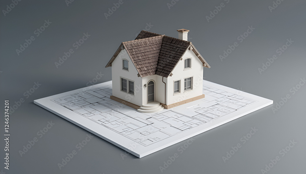 3D Small House Model Placed on Architectural Floor Plan – Real Estate and Design Concept 3D Small House Model Placed on Architectural Floor Plan – Real Estate and Design Concept