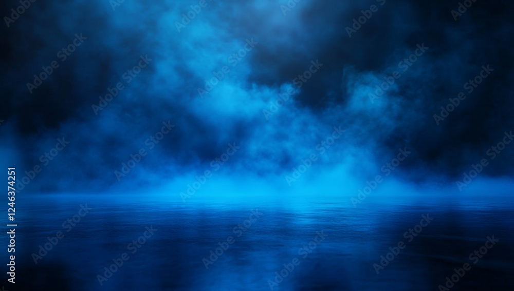 Blue smoke, dark studio, reflective floor, background light, design element Blue smoke, dark studio, reflective floor, background light, design element
