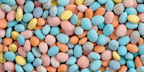 A vibrant close-up showcasing a pile of candy-coated rocks in various colors, highlighting their glossy textures and appealing appearance.
