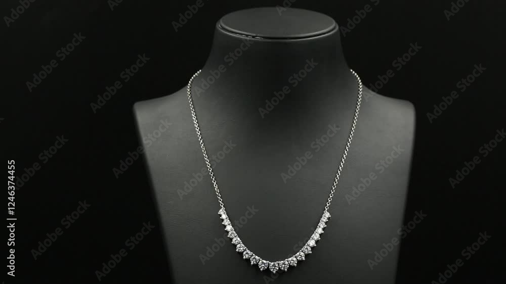 A stunning double-layered diamond necklace displayed on a sleek black jewelry bust, exuding elegance and sophistication. This high-quality 4K close-up video captures the intricate details. A stunning double-layered diamond necklace displayed on a sleek black jewelry bust, exuding elegance and sophistication. This high-quality 4K close-up video captures the intricate details.
