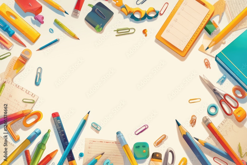 Brightly colored stationery sprawls across a white surface, ready for artistic endeavors, note-taking, and thoughtful planning in an inspiring workspace Brightly colored stationery sprawls across a white surface, ready for artistic endeavors, note-taking, and thoughtful planning in an inspiring workspace
